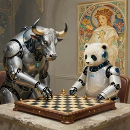 futuristic cyborg bull playing chess against a droid bear, sci-fi scene, fantasy, intricate, elegant, highly detailed, digital painting, artstation, concept art, smooth, sharp focus, illustration, art by artgerm and greg rutkowski and alphonse mucha
