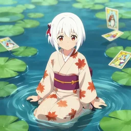 a cute white haired anime! girl wearing a maple pattern kimono sitting in a body of water, a character portrait by kano sansetsu, pixiv contest winner, fantasy art, official art, anime aesthetic, tarot card, lily pads, kimi no na wa, shinsekai yori, depth of focus, depth of field, anime art, vibrant greens and blues