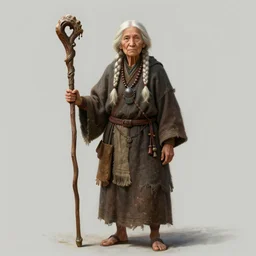 an concept art illustration, an old lady shaman with staff standing, ultra realistic, style by wlop, trending in artstation, cgsociety, octane render, ultra sharp, concept illustration, digital painting, 8 k