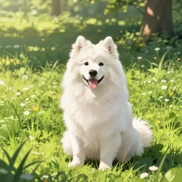 a samoyed dog sitting in the middle of sunny meadow, colored, by Eiichiro Oda