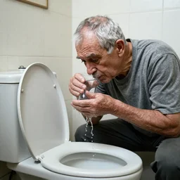 an old man suspiciously drinking water from a toilet