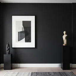 a minimalist luxury apartment with black walls, wall art, sculpture