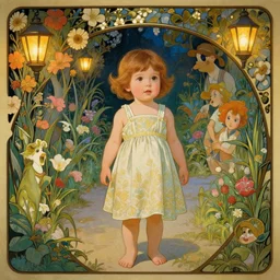 well - lit art nouveau portrait of a 1 3 - year old girl wearing a sundress in a flower garden with lanterns at night, natural lighting, path traced, highly detailed, high quality, cartoon, digital painting, by don bluth and alphonse mucha and ross tran
