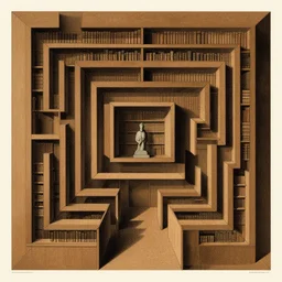 A vintage scientific illustration from the 1970s of a labyrinth disguised as a library René Magritte