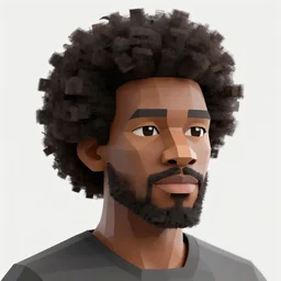low polygon render of a black man with afro hair and raspy bear stubble, high quality, clean, sharp