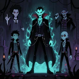 gothic punk rocker vampiric electric glow in the dark vampire kraken character designs by genndy tartakovsky and rad sechrist and Jamie Hewlett from gorrilaz and tim shafer for a 2d platform game