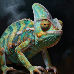 a close - up dark neoclassicist sci - fi portrait of a chameleon being. reflective textures. glowing fog in the background. highly detailed science fiction painting by norman rockwell, frank frazetta, and syd mead. rich colors, high contrast, gloomy atmosphere, dark background. trending on artstation