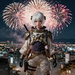 firework festival in taisho kyoto, white hair steampunk hakama female space pilot, by kyoto animation, insanely detailed. instagram photo, kodak portra. by wlop, ilya kuvshinov, krenz cushart, greg rutkowski, pixiv. zbrush sculpt, octane, maya, houdini, vfx. huge cityscape. cinematic dramatic atmosphere, sharp focus, volumetric lighting