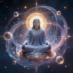 god sitting in the center of the multi dimensional latent space conceptualizing our collectively designed divine imaginations