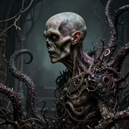 centered horrifying detailed side view profile portrait of a insane, crazed, mad old bald zombie, eldritch abomination, dunwitch horror, ornate tentacles growing around, ornamentation, thorns, vines, tentacles, elegant, beautifully soft lit, full frame, 8 k by wayne barlowe, peter mohrbacher, kelly mckernan, h r giger