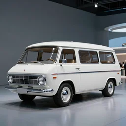 retrofuturistic general motors van of the future transporter inspired by spaceship design 1960s american world's fair, concept automobile press photograph