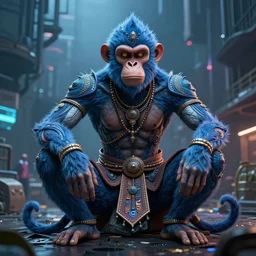 high quality 3 d render ultra realistic mischievous cyborg muscular man monkey blue hybrid sitting, madhubani, highly detailed, cyberpunk!! mumbai in the background, unreal engine cinematic smooth, szukalski, moody light, low angle, uhd 8 k, sharp focus
