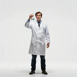 jovial scientist in lab coat with flask, cinematic studio photo, full body, standing, isolated on a pure white background, centered, whole figure in frame, sharp focus, studio lighting