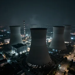 an aerial view of an abandoned industrial terrain with giant nuclear plants and cooling towers, night time, shot from the blade runner 2049 movie, moody, dark, foggy
