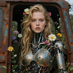 cyborg supermodel portrait, overgrowth, flowers, rusted metal, derelict, greg simkins, dan mumford