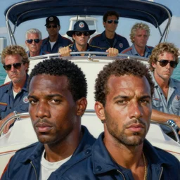 a closeup portrait painting of crockett and tubbs in eighties miami vice on a boat, ultra realistic, highly detailed faces, true life, 8 k, masterpiece, cinematic, by frank frazetta, greg rutkowski, yoko taro, christian macnevin, beeple, wlop, krenz cushart, epic character art, dramatic lighting