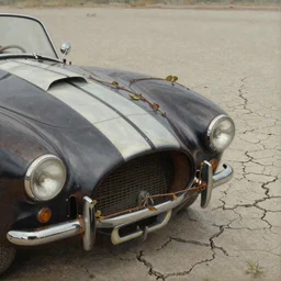 closeup of rusty shelby cobra, close up, extreme closeup, vine covered, desert, cracked dry lake bed, by Zdzislaw Beksinski, Norman Rockwell, highly detailed,soft lighting, film grain, medium format, 80mm lens, 8k resolution, oil on canvas