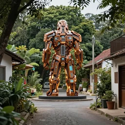 massive backlit futuristic techno graffiti sculpture made of mahogany, by zaha hadid, in the middle of a village street, where the road has been reclaimed by nature, depth of field, XF IQ4, 150MP, 50mm, F1.4, ISO 200, 1/160s, natural light