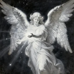 highdetailed hyperrealistic painting of white angel!!! no gender smiling noface!!!, light instead of hands, white sparkles everywhere, 4 k hd face!!!, angel bringing the light and give it to the space, big silver high detailed wings!!!, renaissance, by leonardo da vinci, holography space, glow effect, large strokes, monochrome!!!!!, digital painting, large paint strokes, textured oil painting, motion effect, blur effect, abstract painting
