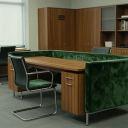 a still of severance series indoor 7 0 s green velvet and wood with metal furniture office scenario appearing in a film of jacques tati