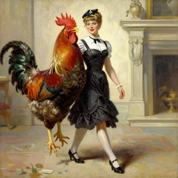 woman dressed in pin up style walks with huge rooster by greg hildebrandt fancy rococo baroque regal oil painting high quality clothed in fancy garb