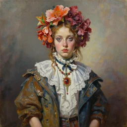 hyperrealist oil painting of flowerpunk fashion model, portrait, painting by raphael