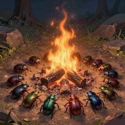 group of small beetles sitting by a fire, extremely detailed, sharp focus, wide view, full body shot, smooth, digital illustration, by james jean, by rossdraws, frank franzzeta, mcbess, sakimichan, brosmind, steve simpson