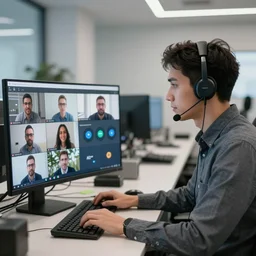 neo working in a call center in a zoom meeting hdr, sharp focus, unreal engine, trending on artstation, octane, photorealistic, high resolution, 8 k, trending on deviantart, photography, unreal engine