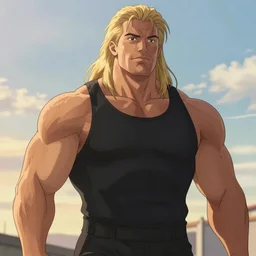 portrait of the immensely towering bodybuilder Harrison Ford with beautiful long pale blond hair, posing for a photoshoot in the golden hour, black tank top, broad shoulders and huge thick arms, ambient lighting, 4k, anime key visual, lois van baarle, ilya kuvshinov, rossdraws, artstation
