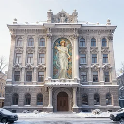 lviv building facade highly detailed, photo, artstation, winter, snow, cold, 3 d render, sharp focus, art by tokiolab and alphonse mucha, 8 k, ultra realistic, lens flare, glow, soft lighting, hyperrealistic, unreal engine