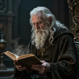 a 1 3 th century, enigmatic, melancholic, fae wizard ( look like ( ( eighty years old christopher lee ) ), is ( ( reading an old book ) ). light dust, magnificent, hyperdetailed, theatrical, painted by arthur morgan, octane render