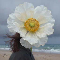 closeup, gigantic flower head, a girl on beach, surreal photography, wind and cold, dramatic sky, impressionist painting, digital painting, artstation, simon stalenhag