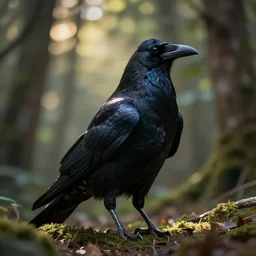 standing werecreature consisting of a human and crow, photograph captured in a forest