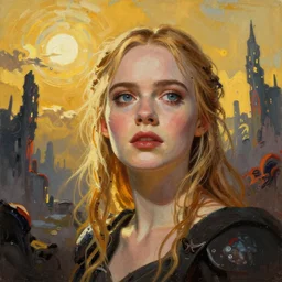 Elle Fanning in the painted world of Dark Souls, head and shoulders masterpiece, apocalypse, golden hour, cosmic horror, artstation, in the style of 60s color field painting, extremely detailed