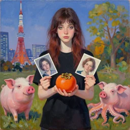 tall emo girl artist holding small portraits and a persimmon, tokyo, pigs, octopus, acrylic on canvas, surrealist, by magritte and monet