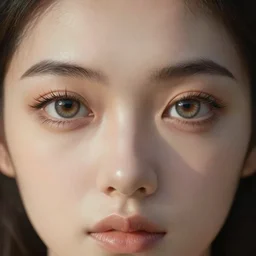 girl with very large hyper realistic eyes with exotic features, symmetrical, render, surreal, detailed, delicate