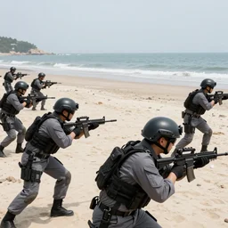 Mercenary Special Forces soldiers in grey uniforms with black armored vest and black helmets assaulting a contested beach landing in 2022, Canon EOS R3, f/1.4, ISO 200, 1/160s, 8K, RAW, unedited, symmetrical balance, in-frame, combat photography, colorful