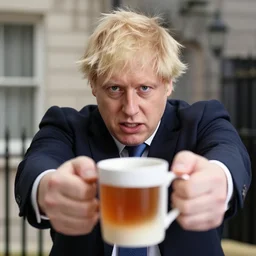 Boris Johnson angrily thrusting a mug full of tea toward the viewer