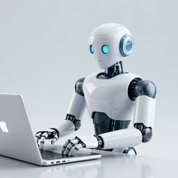 the robot works in front of a laptop