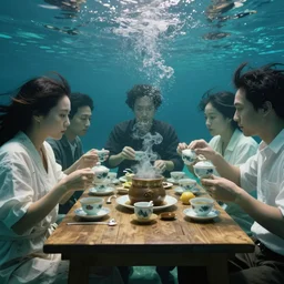 photograph of underwater tea party realistic cinematic film 1 6 0 ektar film