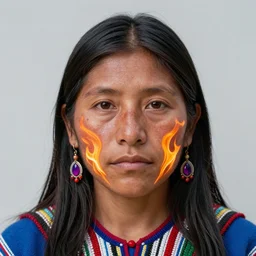 woman of huaorani amazon ecuadorian tribe, finely detailed perfect face, exquisite details, fire magic, mid view, design on a white background, by studio muti, greg rutkowski makoto shinkai takashi takeuchi studio ghibli