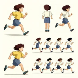 a reference sheet containing of a hero running by ghibli studio, front back view and side view, proportions, sprite sheet, running cycle, ready to model,