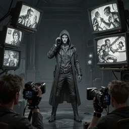 interzone grey secret society, cameras and tv monotors, by Ashley Wood and Mike Mignola and moebius, artstation, 4K detailed post processing, footage