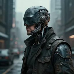 a masked rugged engineer man with cybernetic enhancements lost in the city, scifi character portrait by greg rutkowski, esuthio, craig mullins, 1 / 4 headshot, cinematic lighting, dystopian scifi gear, gloomy, profile picture, mechanical, half robot, implants, dieselpunk