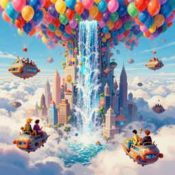 city ​​in the clouds, stempunk, flying ships, balloons, waterfall, many colors, colorful, all colors, highly saturated colors, epic fantasy, Nicodemus Yang-Mattisson, Dan Mumford, Peter Mohrbacher, thomas kindkade, alphonse mucha, loish, norman rockwell, johnny, Vincenzo Riccardi, Naranbaatar Ganbold, greg rutkowski, trending on artstation, concept art