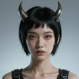a portrait of a beautiful girl with small horns on her head, short black hair, pixie cut, cyberpunk style, futuristic, realism, wide shot, dramatic lighting, digital art, 8k resolution, high detail, by Boris Vallejo