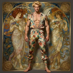 beautiful muscular man with blue eyes and beautiful blonde hair wearing a flowery romper, long legs, fantasy, intricate, full body shot, sexy, highly detailed, digital painting, artstation, concept art, wallpaper, smooth, sharp focus, realistic photo by artgerm and greg rutkowski and alphonse mucha
