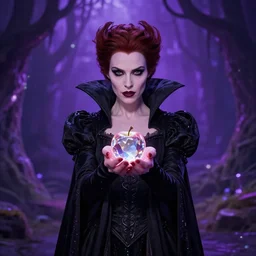 evil queen holding up a crystal apple with both hands, wearing a black dress with big collar, a violet magical jungle in the background. in the style of magic the gathering, james jean, ross tran, craig mullins. yennefer vengerberg, magical atmosphere