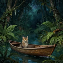 cat in a boat, ferns, jungle, night, stars, highly detailed, unreal engine render concept art, style of henri rousseau and richard scarry and hiroshi yoshida and etel adnan and howard arkley