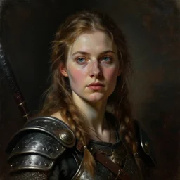 portrait painting of a barbarian woman warrior by greg rutkowski and craig mullins, dark atmospheric and cinematic lighting